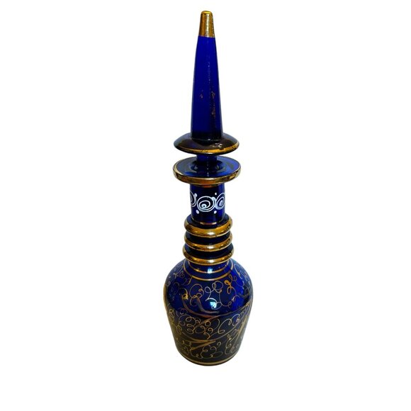 Vintage Bohemian Persian Hand-Painted Cobalt Blue & Gold Glass Decanter - Picture 8 of 13